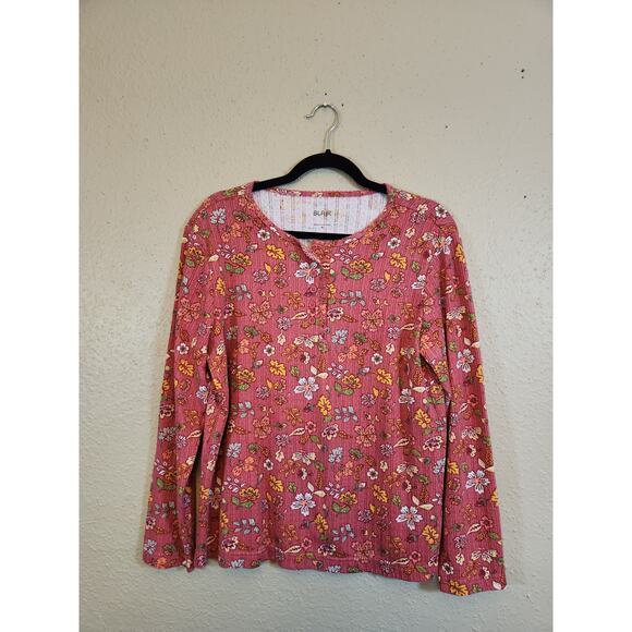 Blair Tops - Blair Women's Pink Floral Print Long Sleeve‎ Pointelle Henley Top Size Medium